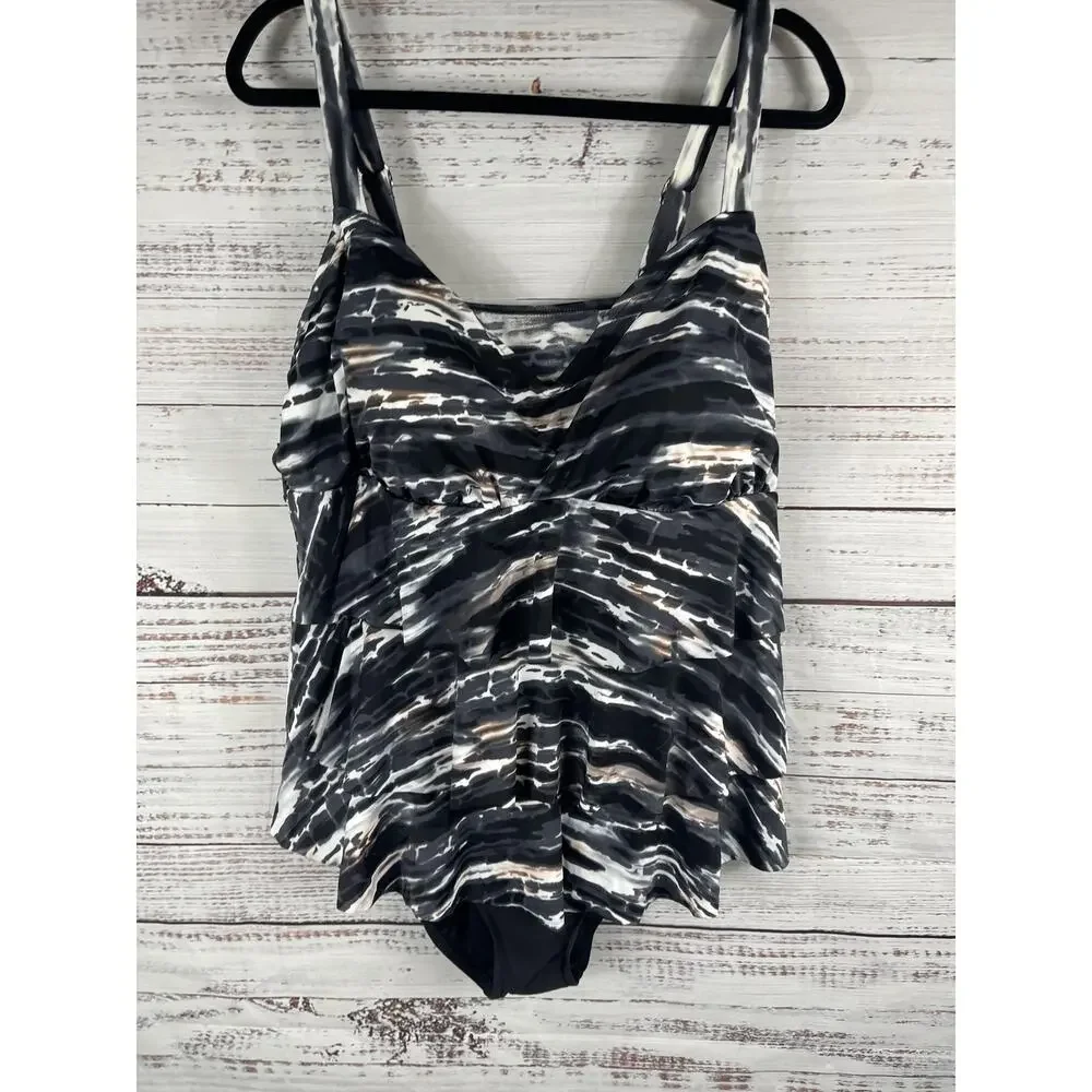 Swim Solutions Size 22W Triple Tier Coastal Plates Black Tummy Control One-Piece - Picture 2 of 12